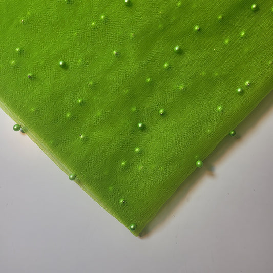 Lime Green Pearl Beaded Soft Tulle Mesh Fabric Embellished Net Material 58" Wide By The Meter
