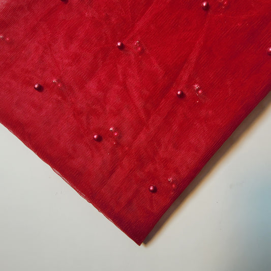 Red Pearl Beaded Soft Tulle Mesh Fabric Embellished Net Material 58" Wide By The Meter