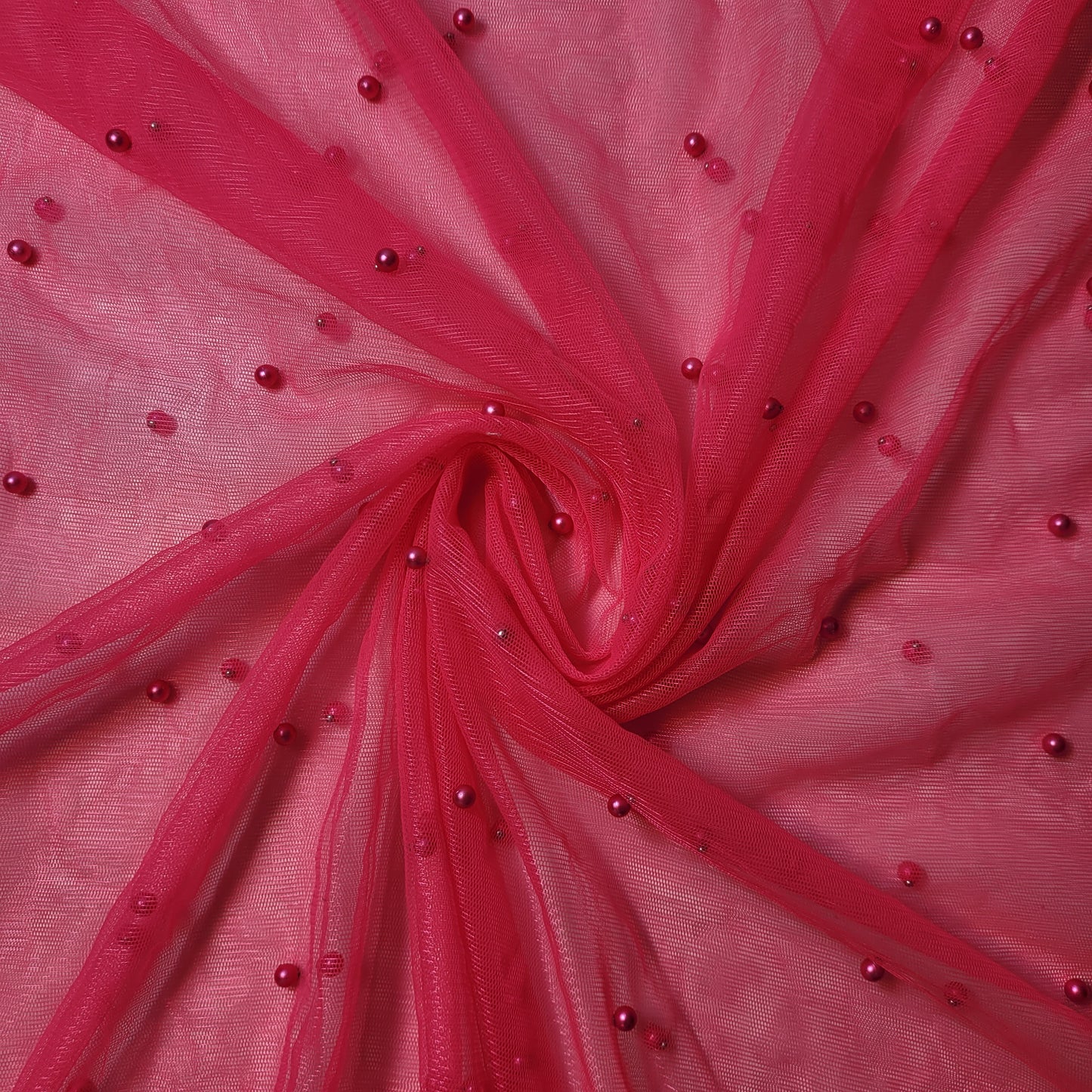 Cerise Pink Pearl Beaded Soft Tulle Mesh Fabric Embellished Net Material 58" Wide By The Meter