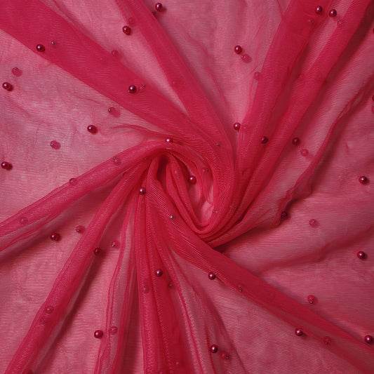 Cerise Pink Pearl Beaded Soft Tulle Mesh Fabric Embellished Net Material 58" Wide By The Meter