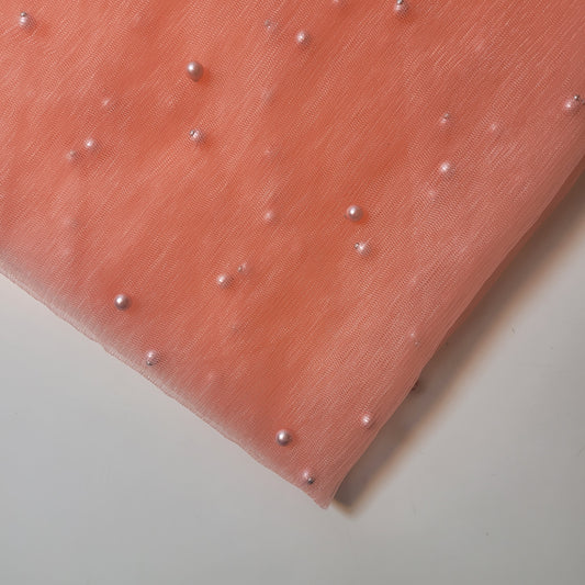 Peach Pearl Beaded Soft Tulle Mesh Fabric Embellished Net Material 58" Wide By The Meter