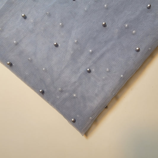 Silver Pearl Beaded Soft Tulle Mesh Fabric Embellished Net Material 58" Wide By The Meter