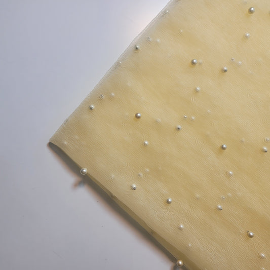 Cream Pearl Beaded Soft Tulle Mesh Fabric Embellished Net Material 58" Wide By The Meter
