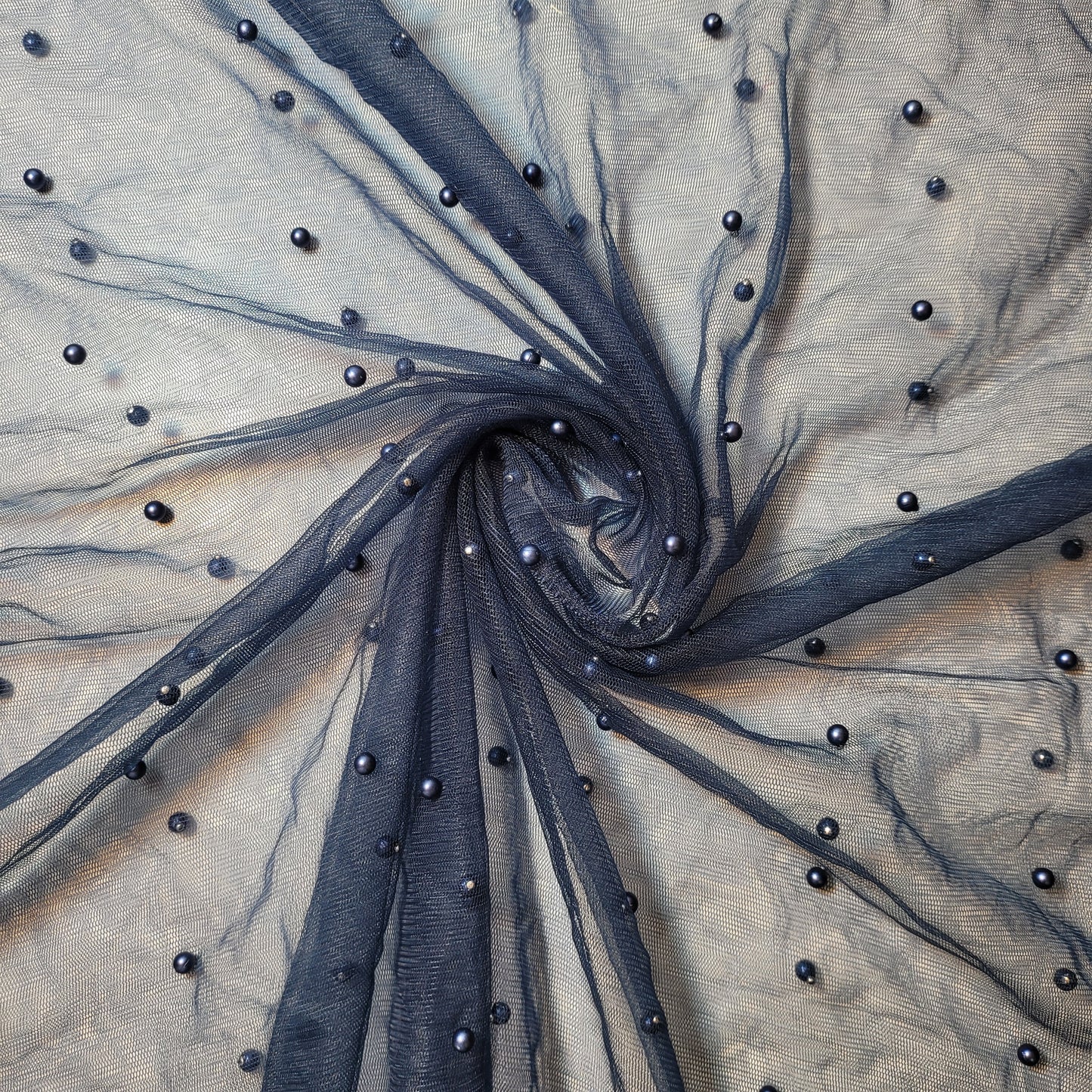 Navy Blue Pearl Beaded Soft Tulle Mesh Fabric Embellished Net Material 58" Wide By The Meter