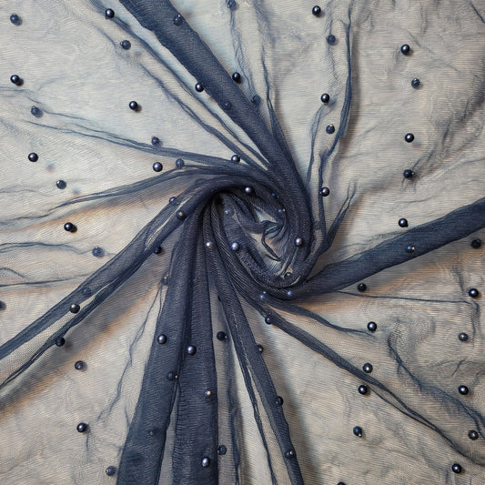 Navy Blue Pearl Beaded Soft Tulle Mesh Fabric Embellished Net Material 58" Wide By The Meter