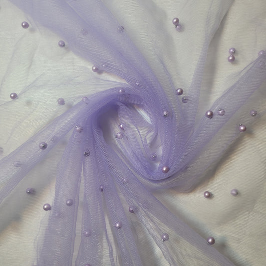 Lilac Pearl Beaded Soft Tulle Mesh Fabric Embellished Net Material 58" Wide By The Meter