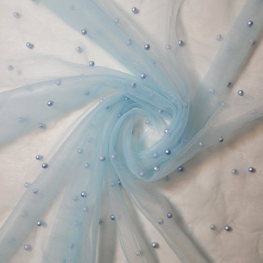 Baby Blue Pearl Beaded Soft Tulle Mesh Fabric Embellished Net Material 58" Wide By The Meter