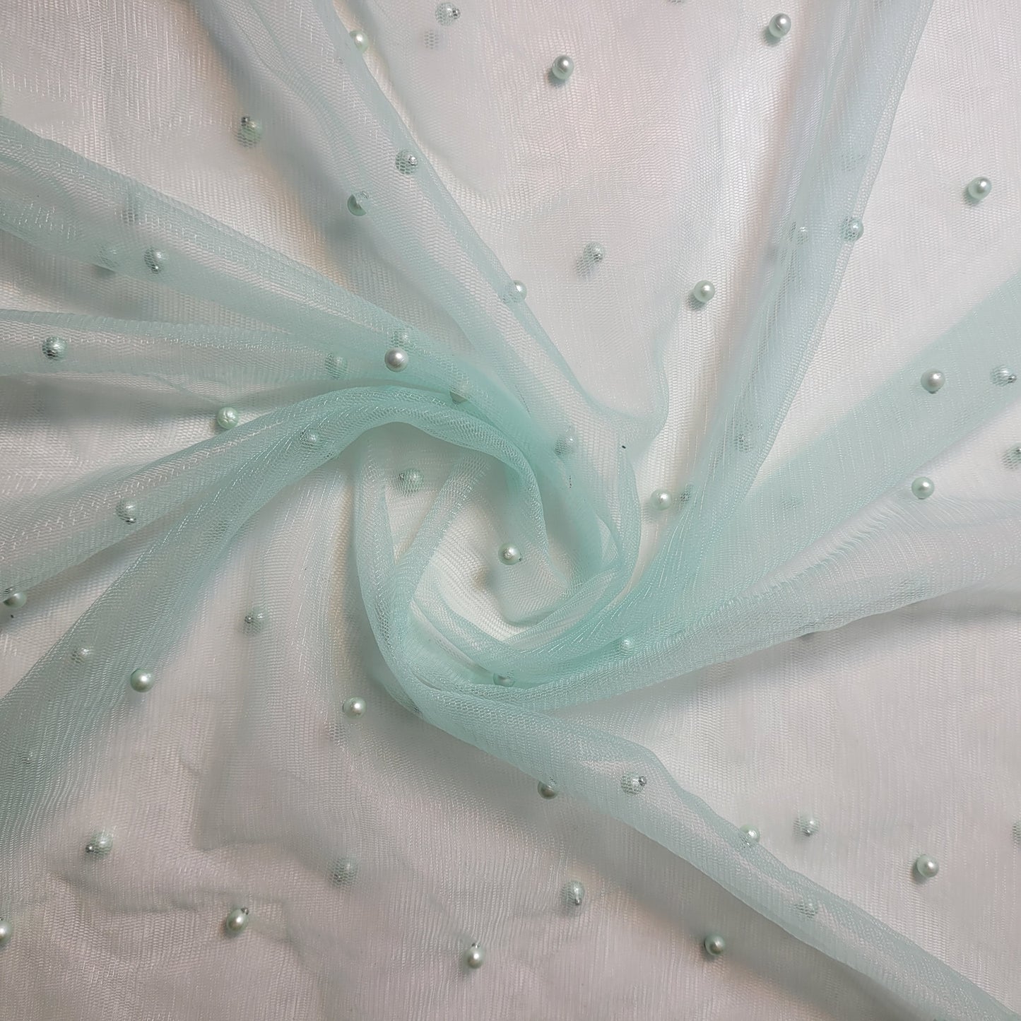 Mint Green Pearl Beaded Soft Tulle Mesh Fabric Embellished Net Material 58" Wide By The Meter