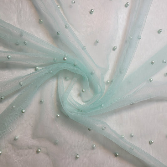 Mint Green Pearl Beaded Soft Tulle Mesh Fabric Embellished Net Material 58" Wide By The Meter