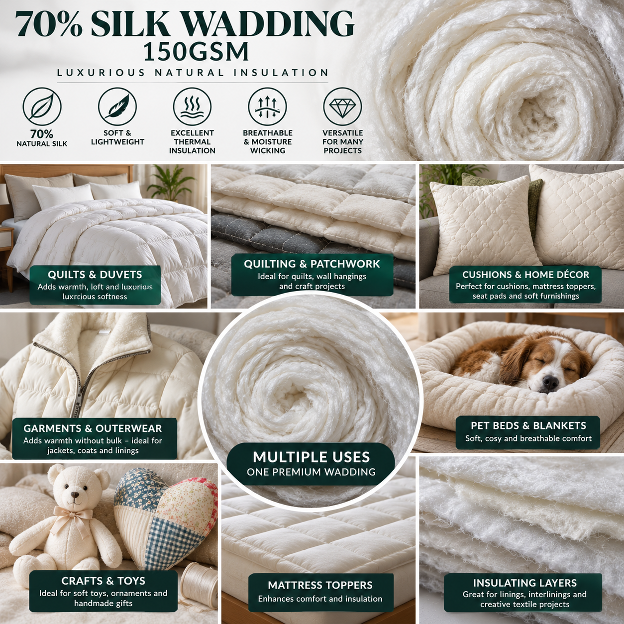 70% Silk Wadding 150GSM – 58" Wide Premium Soft Lightweight Quilt Batting for Quilting, Duvets, Garments & Crafts By The Metre