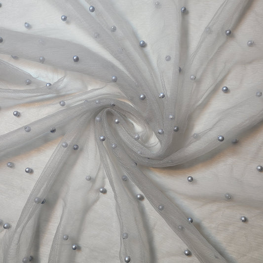 Silver Grey Pearl Beaded Soft Tulle Mesh Fabric Embellished Net Material 58" Wide By The Meter