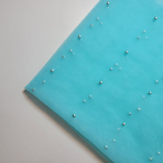 Aqua Blue Pearl Beaded Soft Tulle Mesh Fabric Embellished Net Material 58" Wide By The Meter