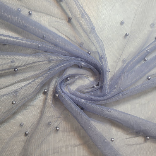 Pastel Blue Pearl Beaded Soft Tulle Mesh Fabric Embellished Net Material 58" Wide By The Meter