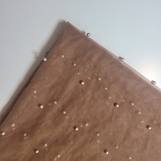 Taupe Brown Pearl Beaded Soft Tulle Mesh Fabric Embellished Net Material 58" Wide By The Meter