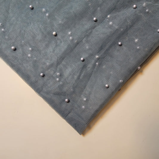 Slate Grey Pearl Beaded Soft Tulle Mesh Fabric Embellished Net Material 58" Wide By The Meter