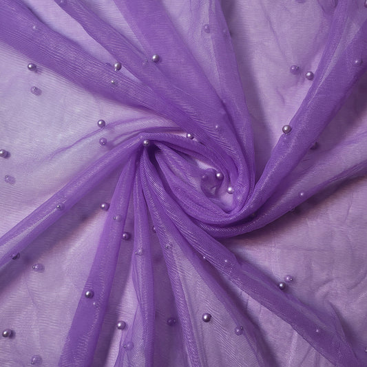 Lavender Pearl Beaded Soft Tulle Mesh Fabric Embellished Net Material 58" Wide By The Meter