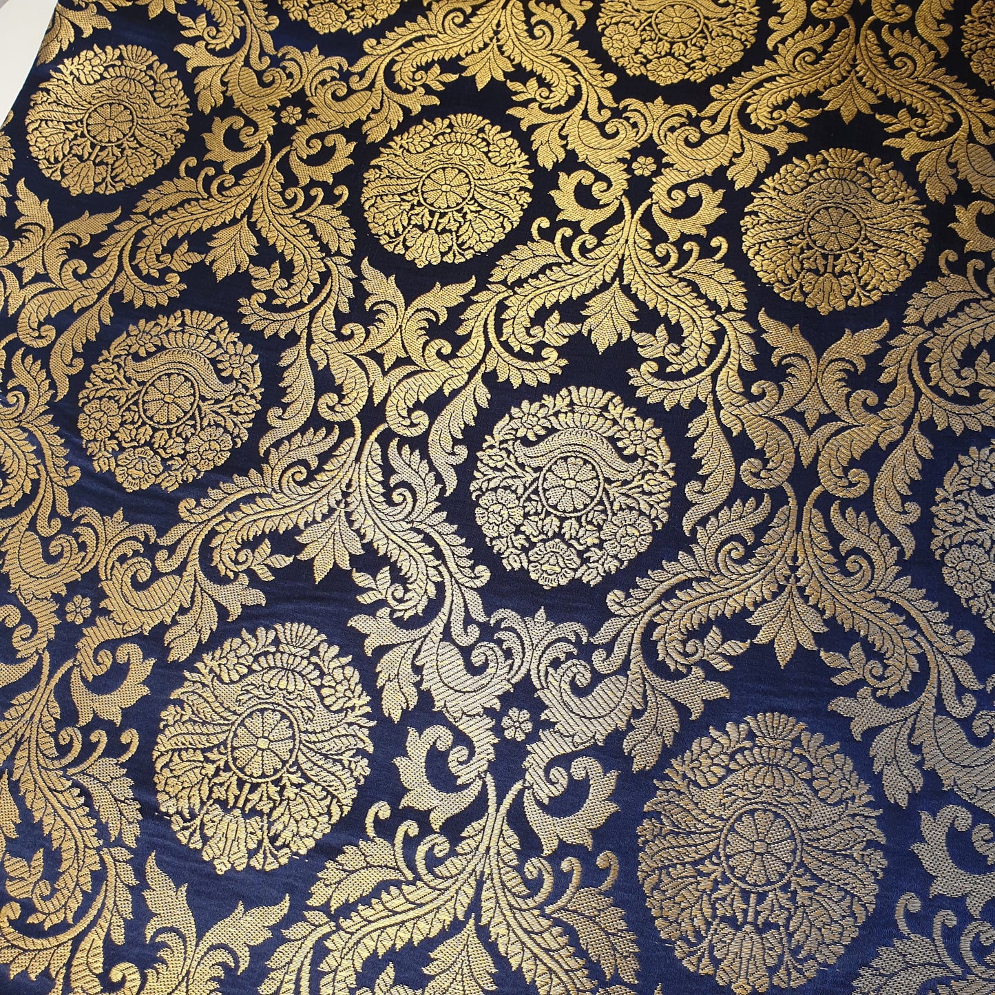 Navy Banarasi Brocade Fabric with Gold Floral Zari Work Dress Craft Costume Upholstery Material 44" By The Meter