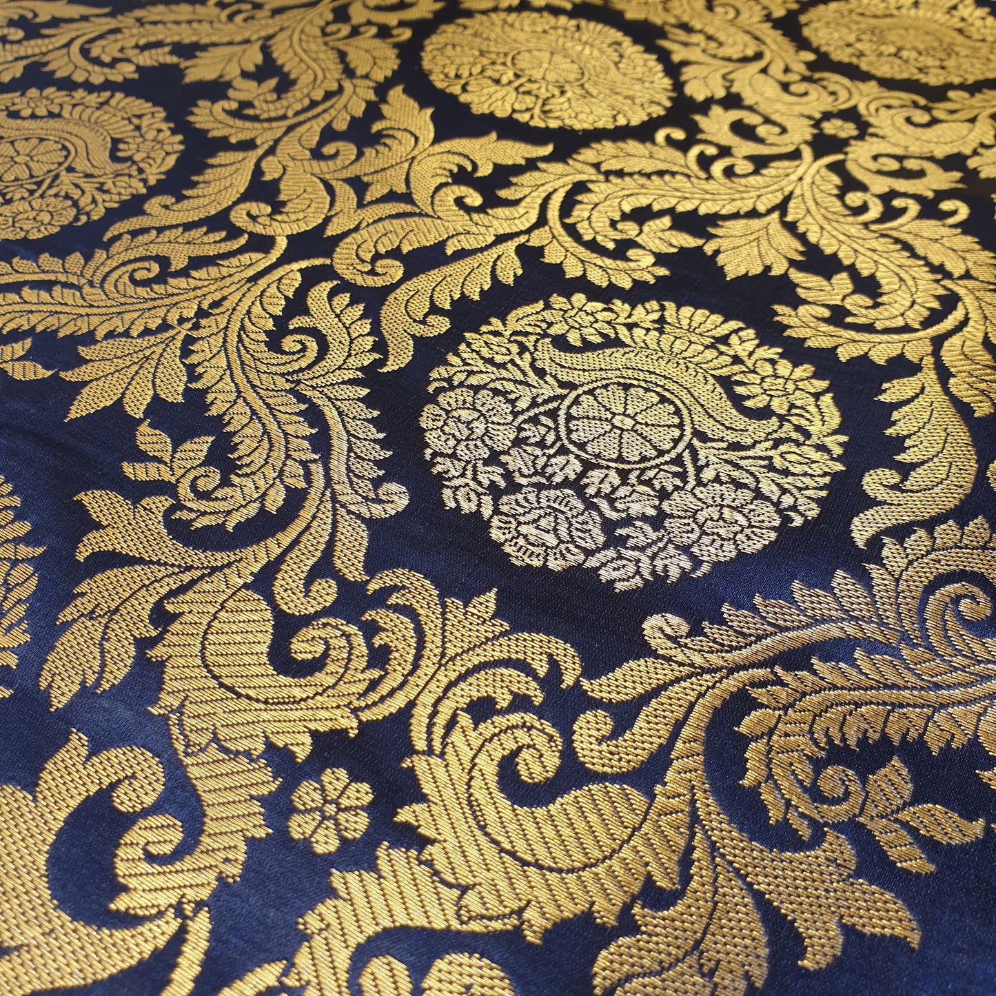 Navy Banarasi Brocade Fabric with Gold Floral Zari Work Dress Craft Costume Upholstery Material 44" By The Meter