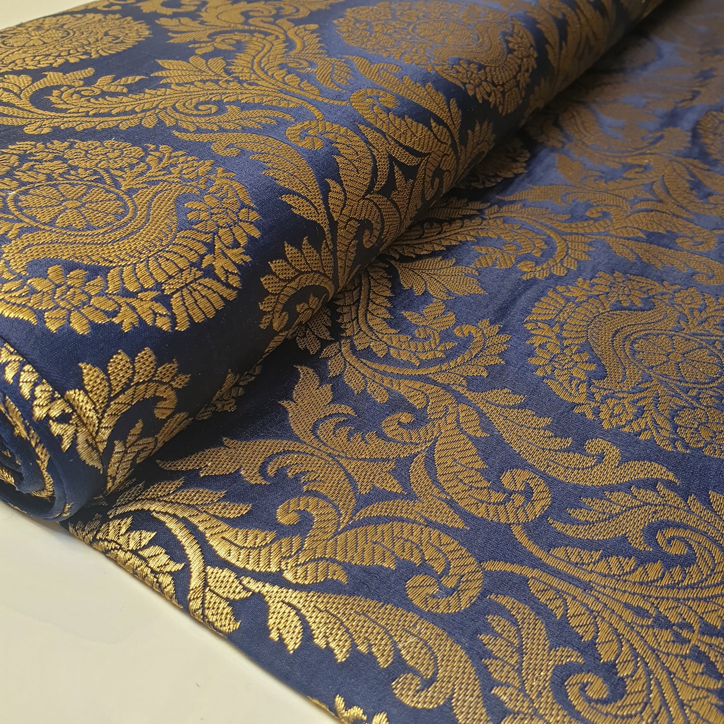 Navy Banarasi Brocade Fabric with Gold Floral Zari Work Dress Craft Costume Upholstery Material 44" By The Meter