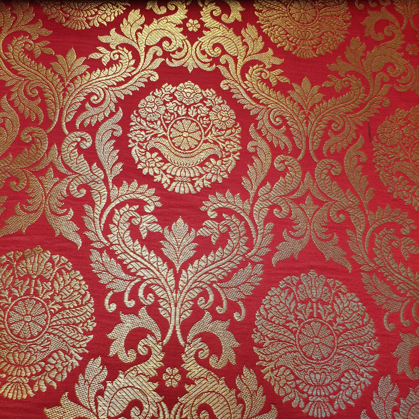 Red Banarasi Brocade Fabric with Gold Floral Zari Work Dress Craft Costume Upholstery Material 44" By The Meter