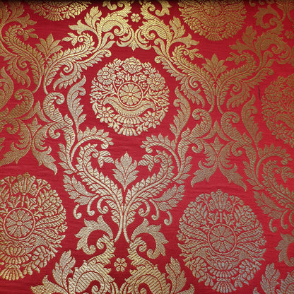 Red Banarasi Brocade Fabric with Gold Floral Zari Work Dress Craft Costume Upholstery Material 44" By The Meter