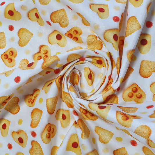 Biscuit Hearts 100% Cotton fabric Sweets Fruits, Treats & Macarons 44” wide perfect for Quilting, Crafts, Kidswear