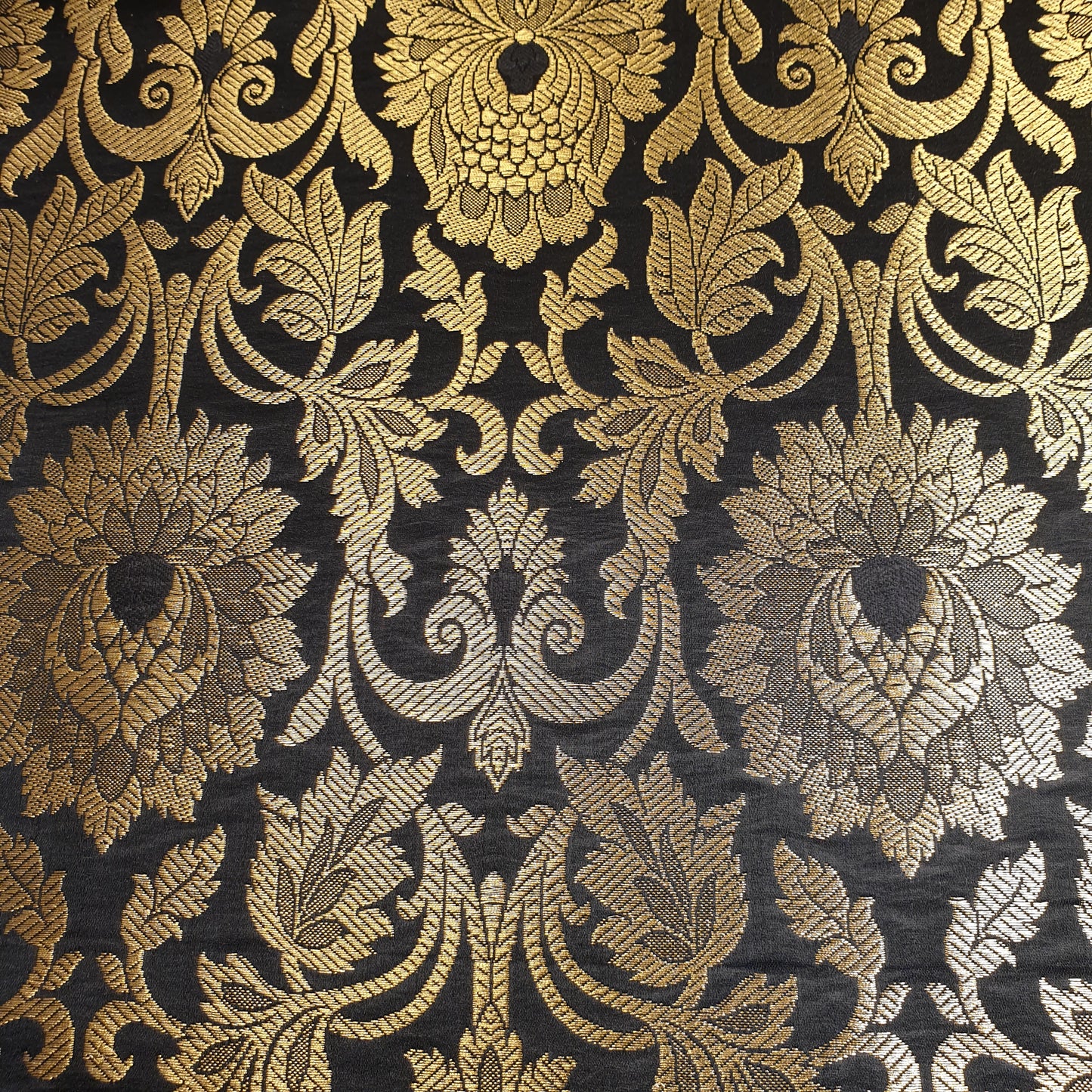 Black Banarasi Brocade Fabric with Gold Zari Floral Design | Premium Indian Jacquard Material By Meter 44"