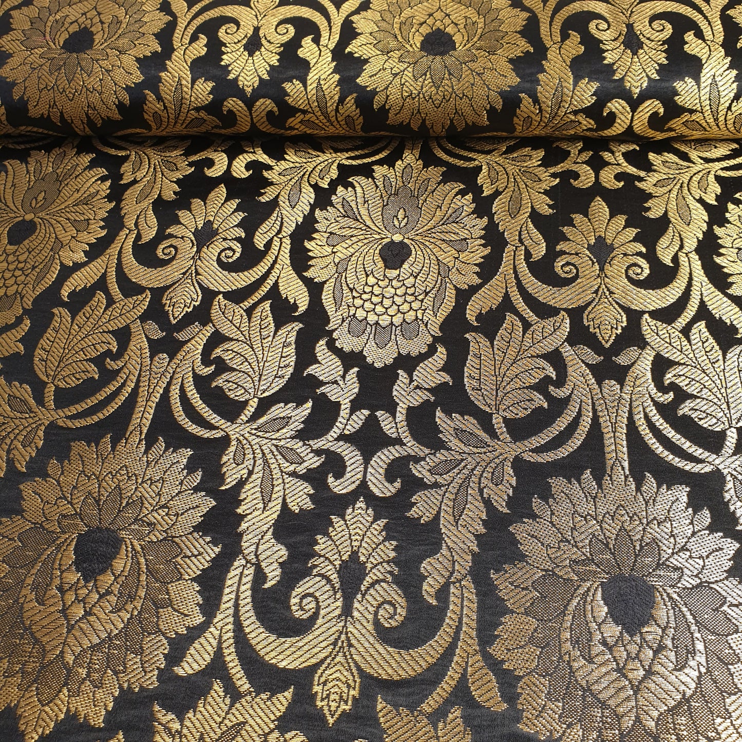 Black Banarasi Brocade Fabric with Gold Zari Floral Design | Premium Indian Jacquard Material By Meter 44"