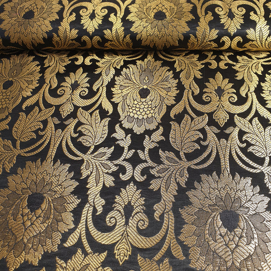 Black Banarasi Brocade Fabric with Gold Zari Floral Design | Premium Indian Jacquard Material By Meter 44"