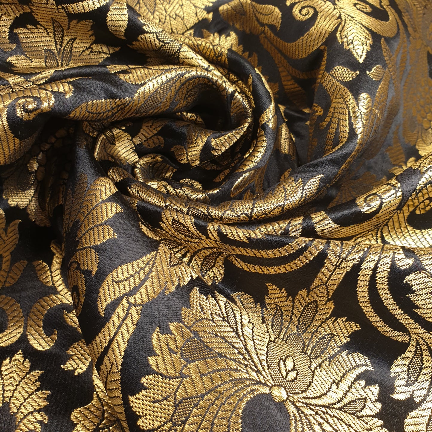 Black Banarasi Brocade Fabric with Gold Zari Floral Design | Premium Indian Jacquard Material By Meter 44"
