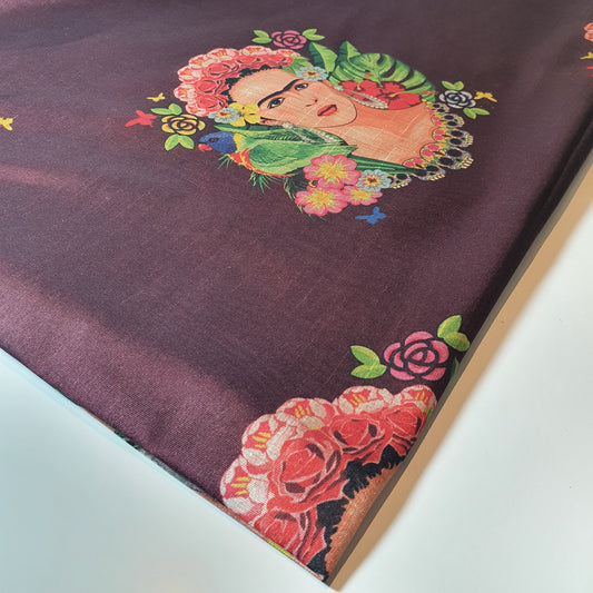 Burgundy Frida Kahlo Floral Digital Print Faux Raw Silk Fabric Dress Craft Quilting Material 44" By The Meter