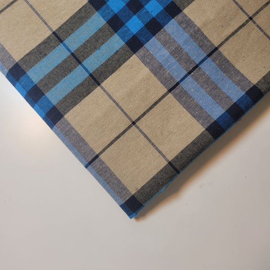 Beige Blue 100% Cotton Tartan Check Plaid / Stripe Dress Fabric Craft Quilting Material 58"