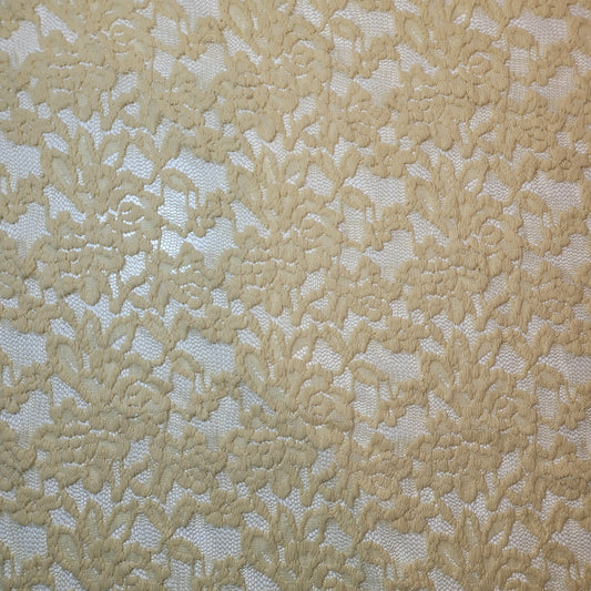 Beige Gold Stretch Floral Bridal Lace Fabric Polyester Mesh Elastane Blend Dress Material 58" By The Meter