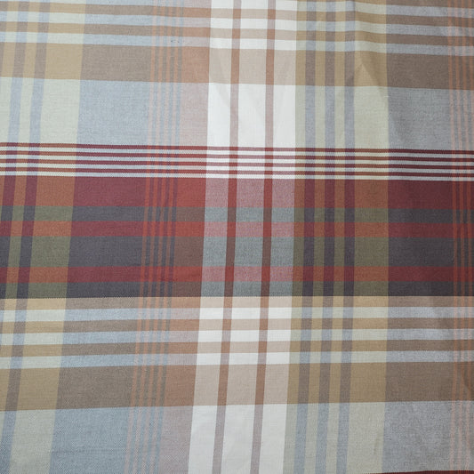 * Clearance * Geometric Stripes & Tartan Chenille Tapestry-Inspired Medium to Heavyweight Curtain & Upholstery Fabrics – 58" Wide",  Sold by the Meter (Beige Maroon Tartan)