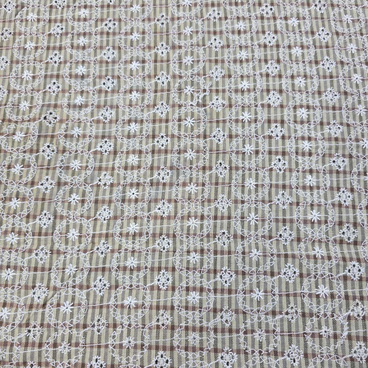 Beige Checked Embroidered Cotton Fabric 44" Wide | Floral Broderie Dressmaking, Craft & Home Décor Material by the Metre