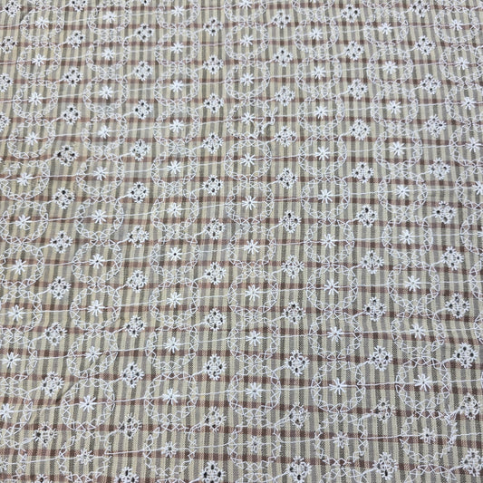 Beige Checked Embroidered Cotton Fabric 44" Wide | Floral Broderie Dressmaking, Craft & Home Décor Material by the Metre
