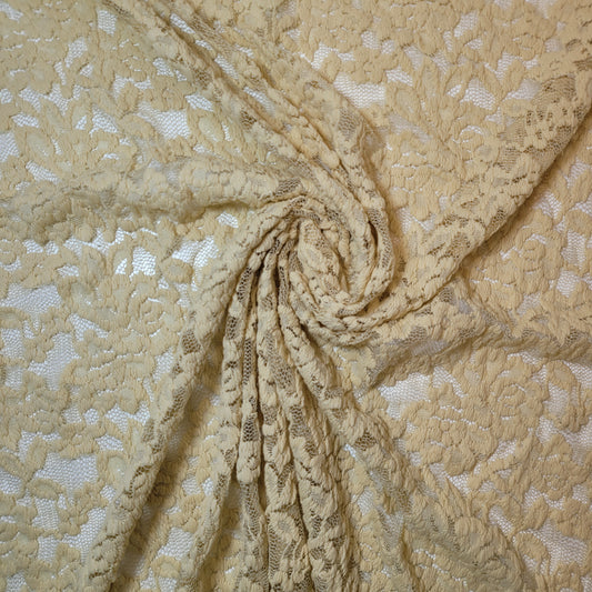 Beige Gold Stretch Floral Bridal Lace Fabric Polyester Mesh Elastane Blend Dress Material 58" By The Meter