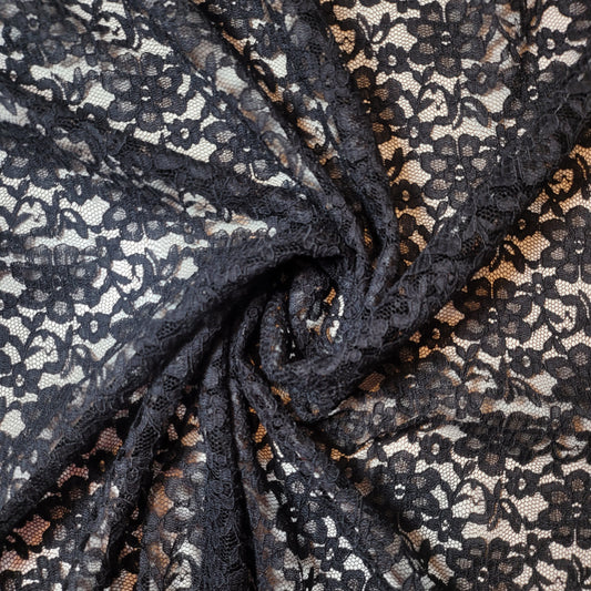 Black Corded Floral Stretch Floral Bridal Lace Fabric Polyester Mesh Elastane Blend Dress Material 58" By The Meter