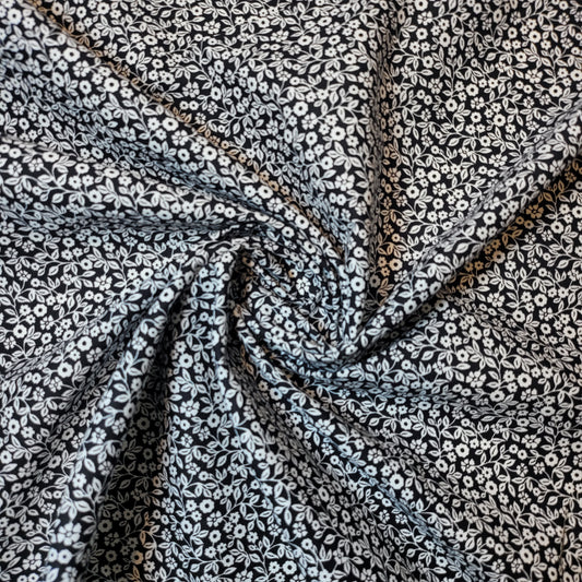 Weicher Stoff mit Blumenmuster aus 100 % Baumwolle zum Nähen und Quilten für Kinder – 44 Zoll breit, perfekt für Kleider und Bastelarbeiten (schwarzes Blümchenmuster)