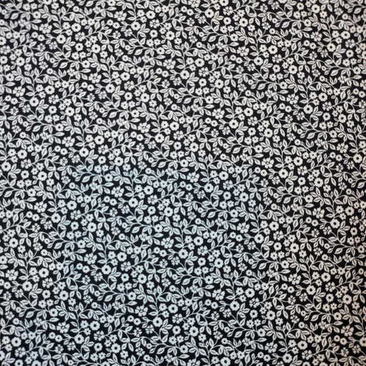 Weicher Stoff mit Blumenmuster aus 100 % Baumwolle zum Nähen und Quilten für Kinder – 44 Zoll breit, perfekt für Kleider und Bastelarbeiten (schwarzes Blümchenmuster)