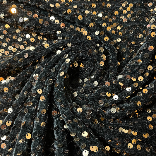 Black Gold Sequin Velvet Embroidery Stretch Material Velour Craft Drape Dress Fabric 58" Wide By The Meter