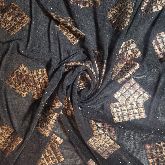 Black Leopard Foil Polyester Mesh Elastane Blend Dress Material 58" By The Meter
