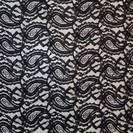 Black Paisley Polka Floral Stretch Floral Bridal Lace Fabric Polyester Mesh Elastane Blend Dress Material 58" By The Meter