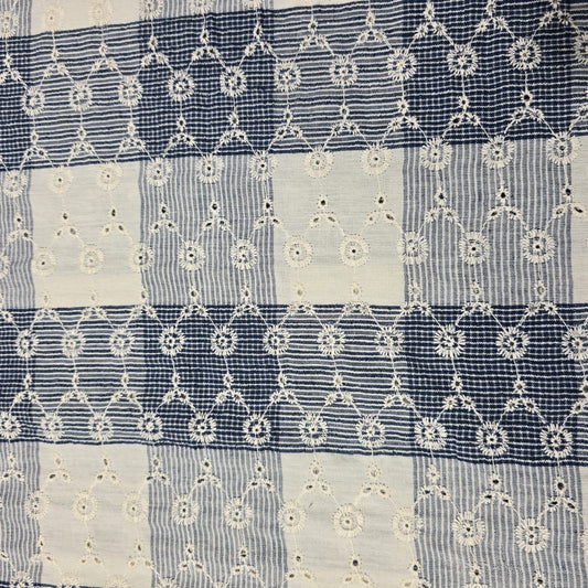 Blue Cream Checked Embroidered Cotton Fabric 44" Wide | Floral Broderie Dressmaking, Craft & Home Décor Material by the Metre