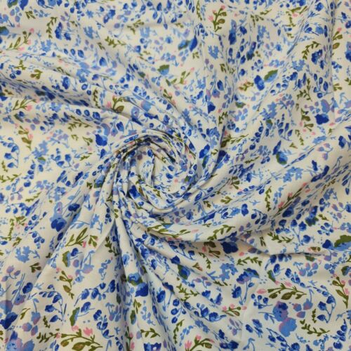 Blue Floral 100% White Cotton Poplin Fabric Craft Quilting Patchwork Material Meter 44" By The Meter