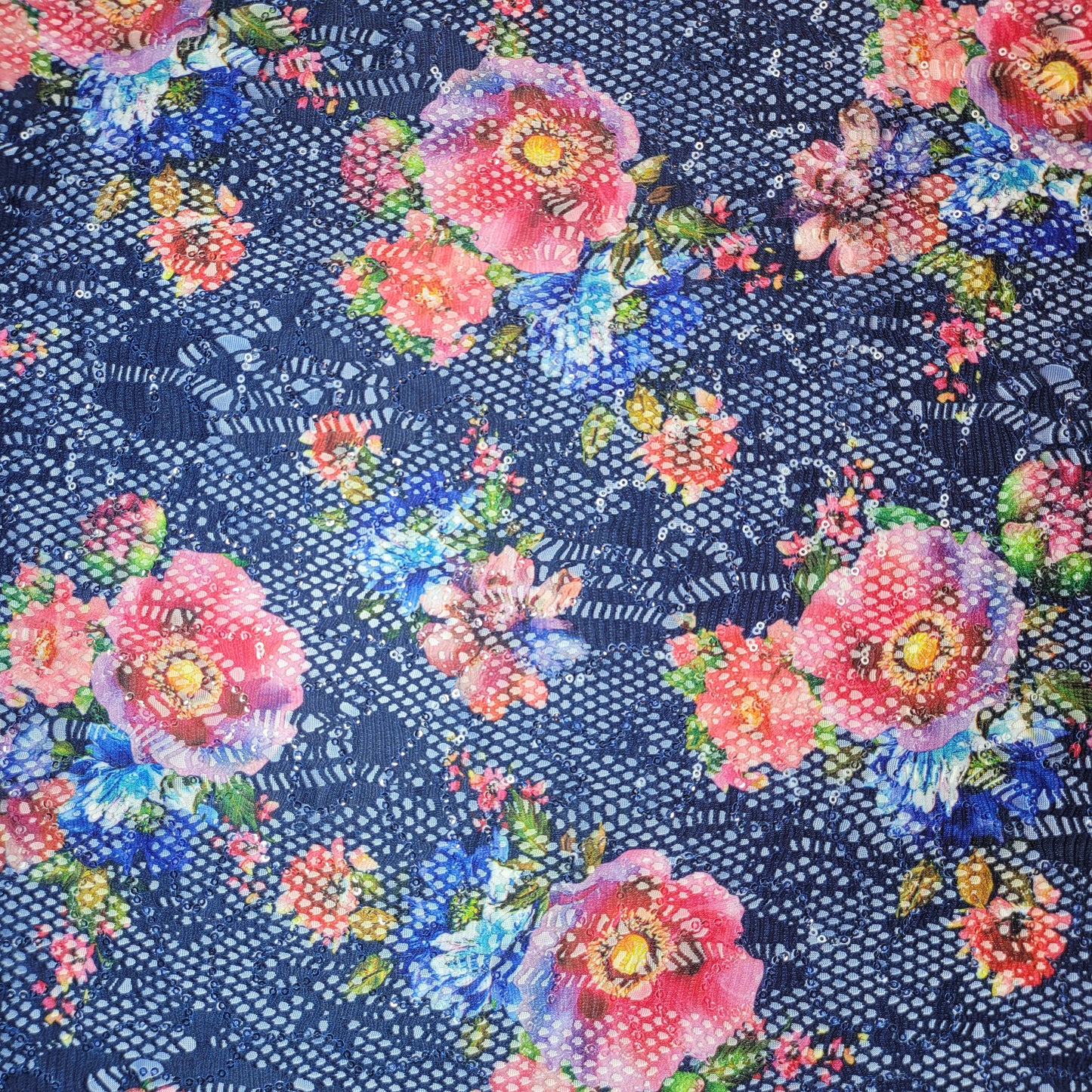 Blue Floral Lace Fabric Designer Dress Craft Material 58" By Meter