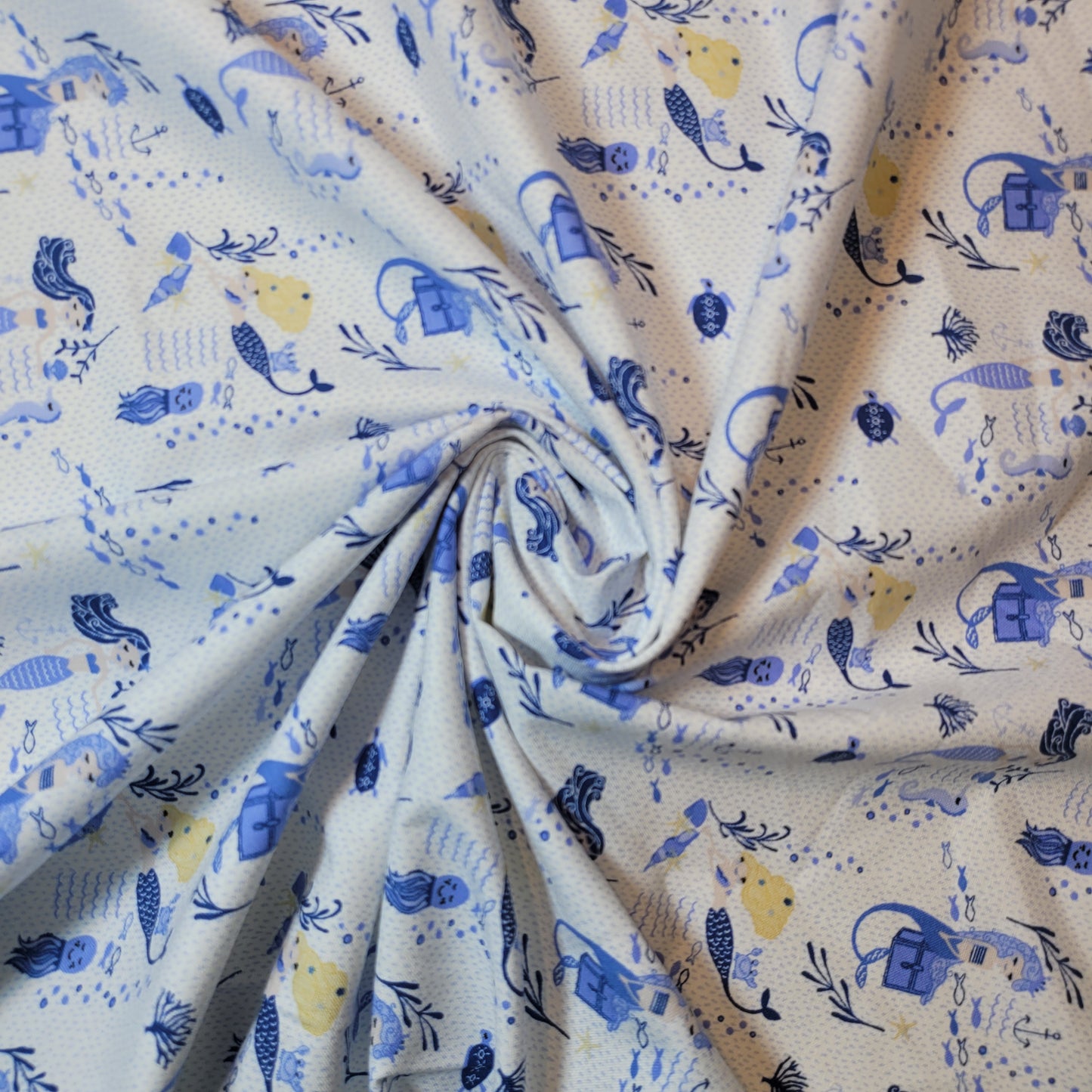 Soft 100% Cotton Floral Fabric for Kids’ Sewing and Quilting – 44" Wide, Perfect for Dresses and Crafts (Blue & White Mermaids)