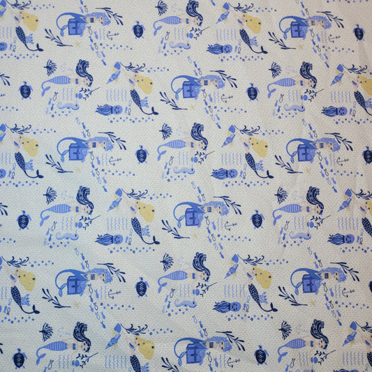 Soft 100% Cotton Floral Fabric for Kids’ Sewing and Quilting – 44" Wide, Perfect for Dresses and Crafts (Blue & White Mermaids)