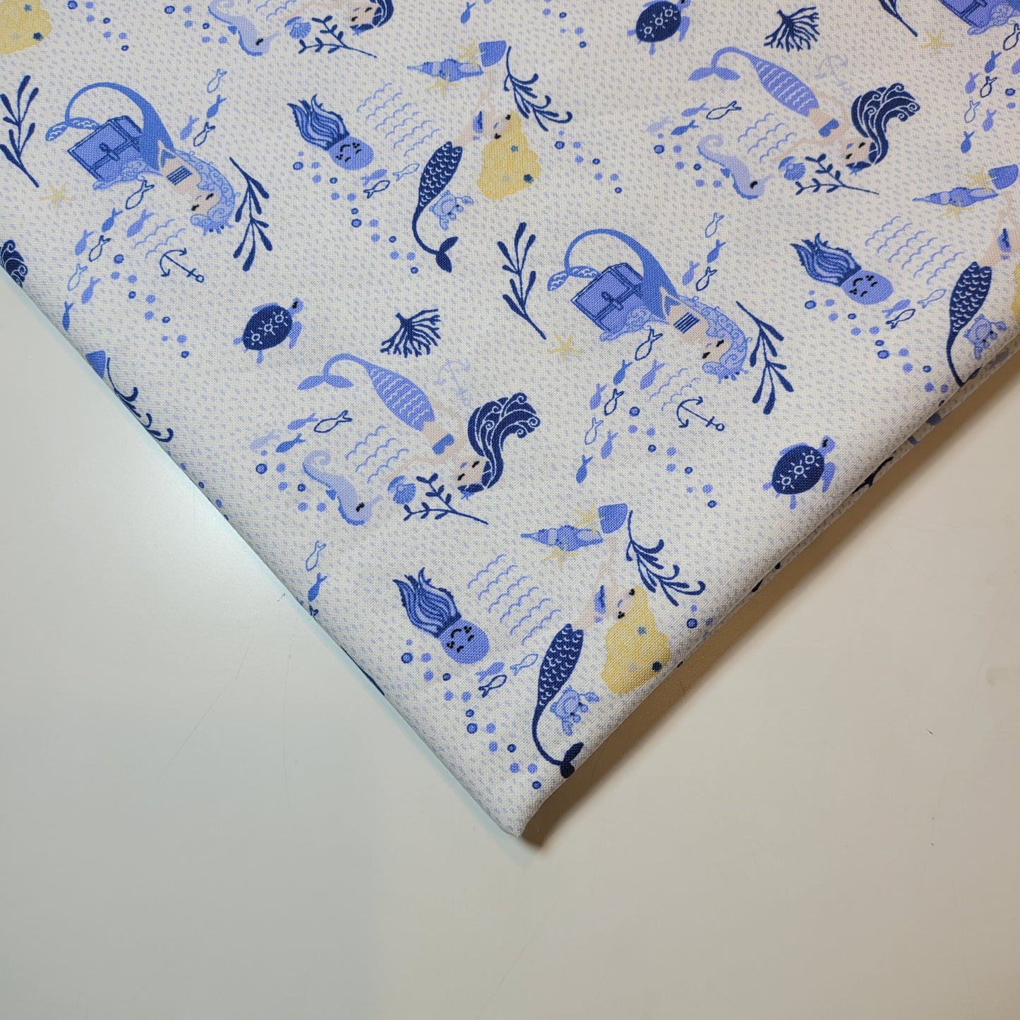 Soft 100% Cotton Floral Fabric for Kids’ Sewing and Quilting – 44" Wide, Perfect for Dresses and Crafts (Blue & White Mermaids)