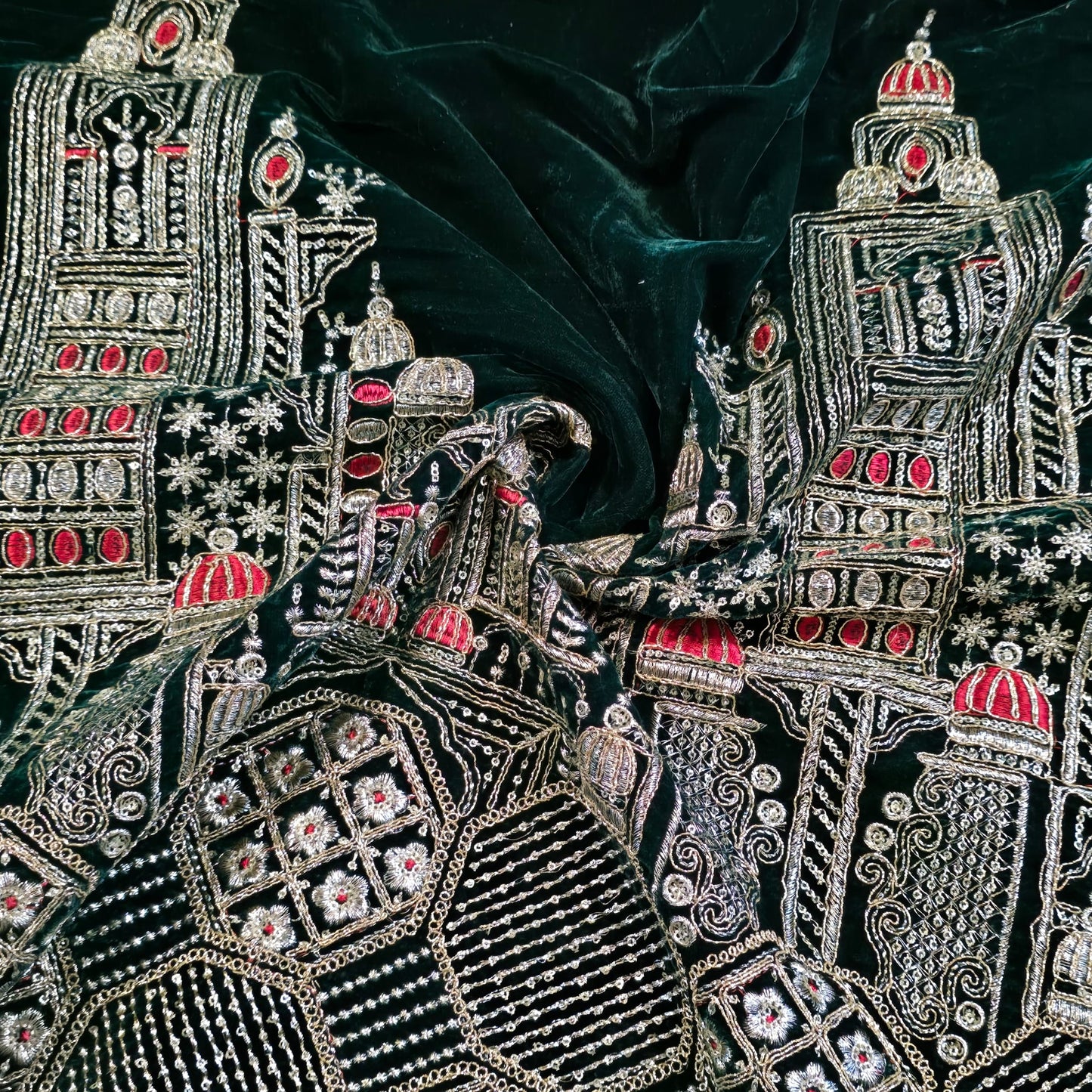 Bottle Green Velvet Fabric Gold Palace Embroidery Indian Wedding Bridal Dress Material 58" by Meter